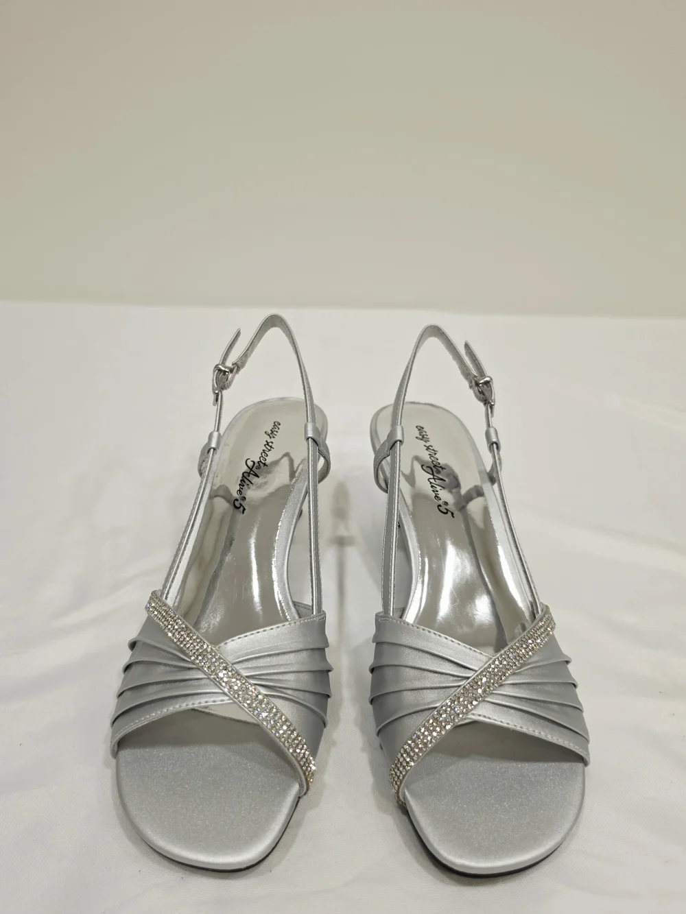 easy street Silver Satin Delite Rhinestone Slingback Heels